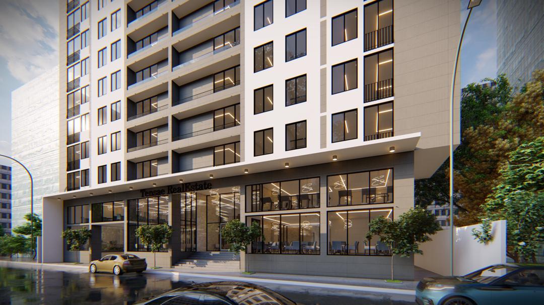 Architectural rendering of the Tensae building with balconies and a glazed entrance