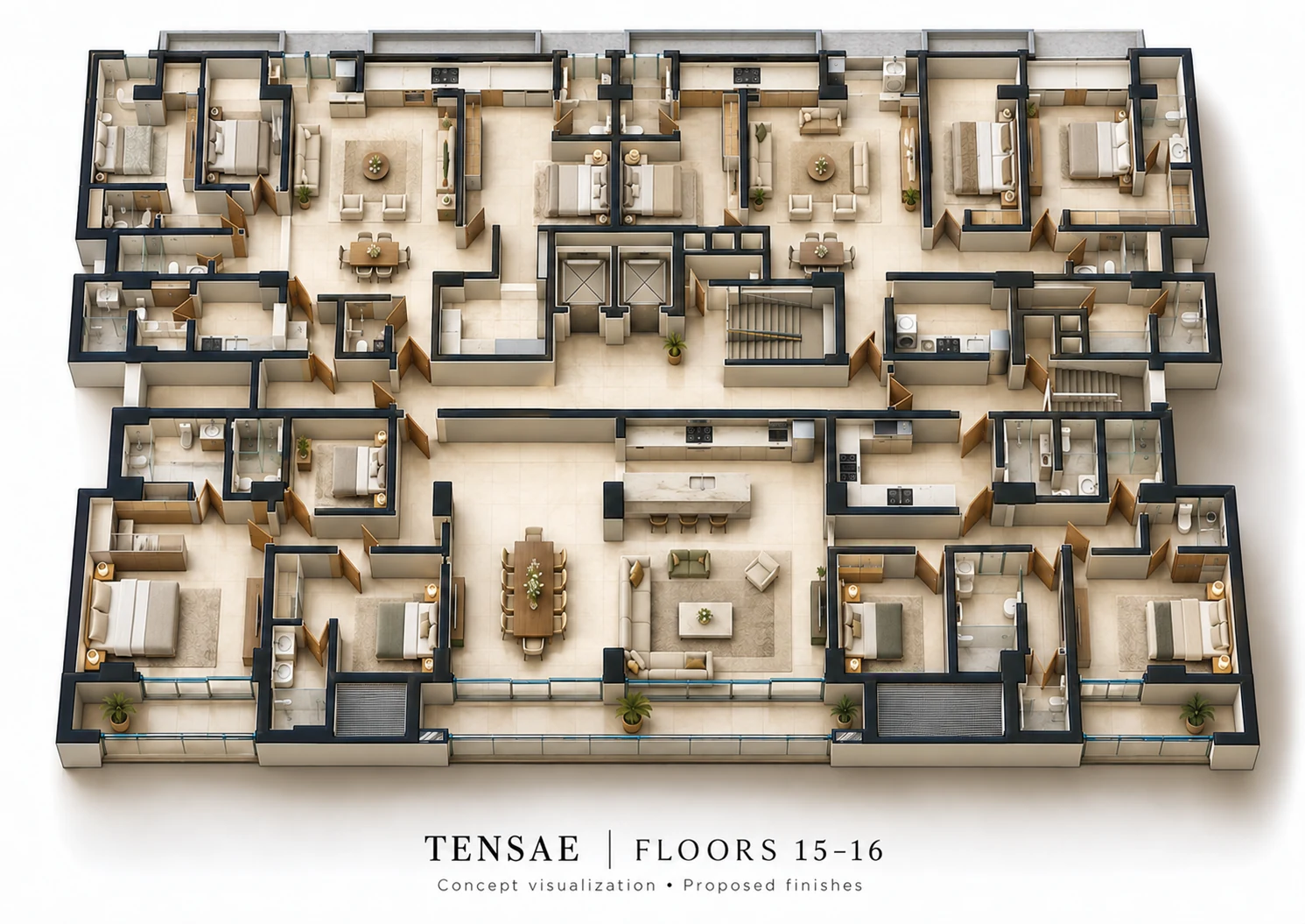 Floors 15–16 · Three- and six-bedroom residences — full-floor 3D concept