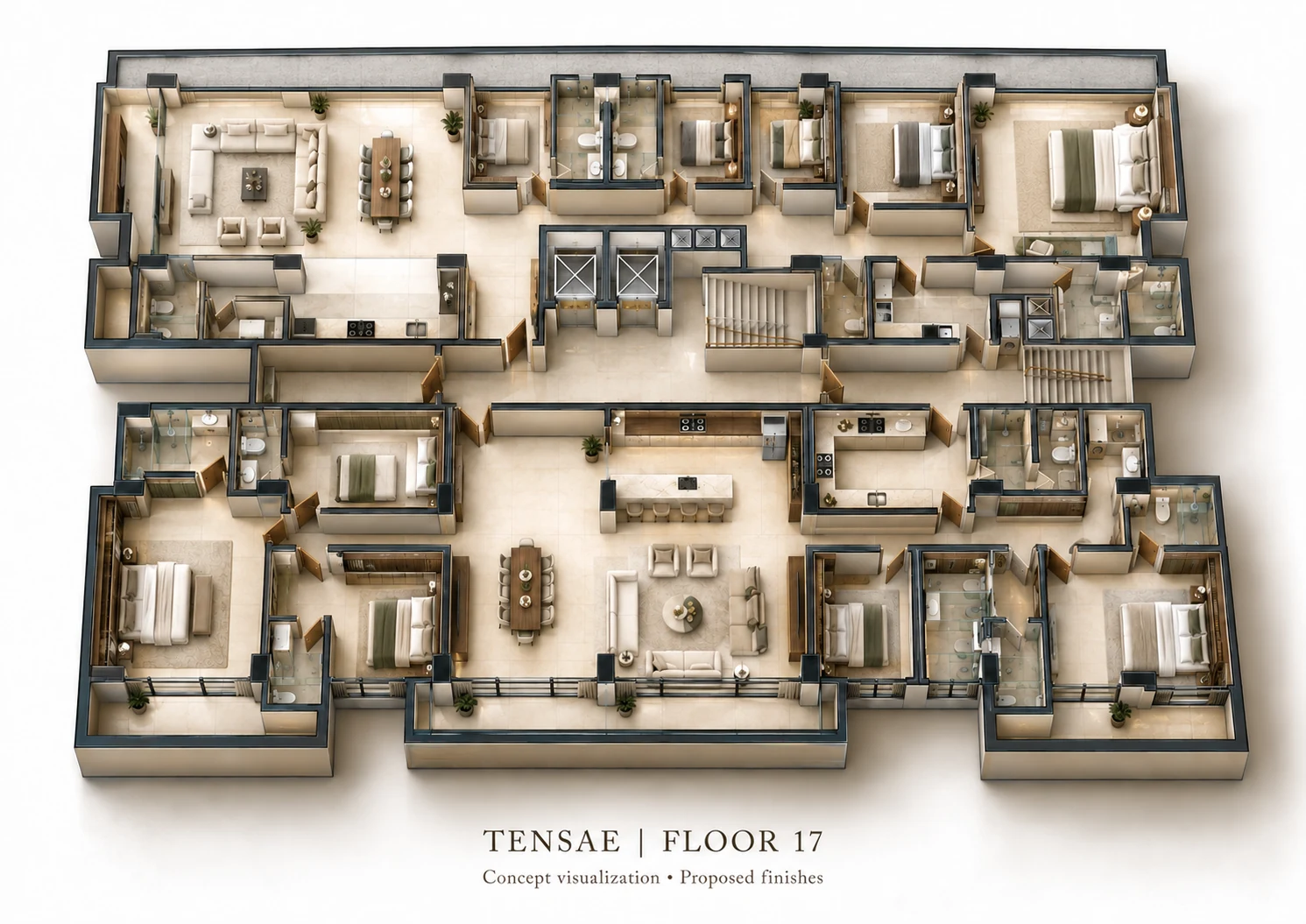 Floor 17 · Five- and six-bedroom residences — full-floor 3D concept