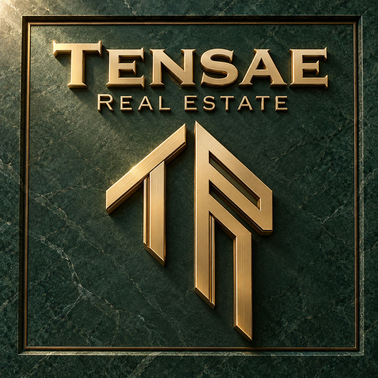 Tensae Real Estate gold architectural TR monogram on deep green marble